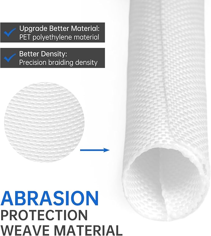 Split Braided Cable Sleeve，Flexible Wire Loom Tubing, Automotive Cord Protector Pet Proof, Cable Management for Computer TV Electric Wires Harness 16ft (White, 10mm（3/8")