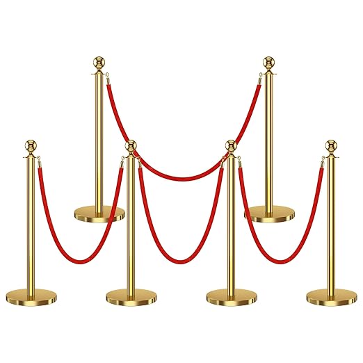 6 PCS Stanchions and Velvet Ropes, Gold Posts 5 Feet Crowd Control Barriers, Stainless Steel Poles for Red Carpet Themed Party Decoration (Golden)
