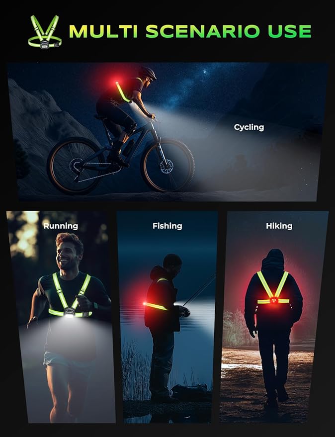 500LM High-Vis Running Lights for Runners with Rear Light, Adjustable 45° Beam & 360° Reflective Vest, IPX4 Waterproof Running Vest Light for Night Walking/Cycling/Jogging, 3.5-20Hrs Runtime