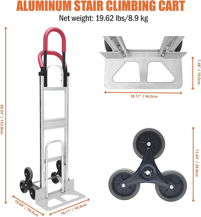 Aluminum Stair Climbing Cart, 600 lbs Capacity Stair Climber Hand Truck Dolly, 2 in 1 Heavy-Duty Trolley Cart with Dual Handles, 6 Wheels & 2 Elastic Ropes for Home Shopping Moving Warehouse