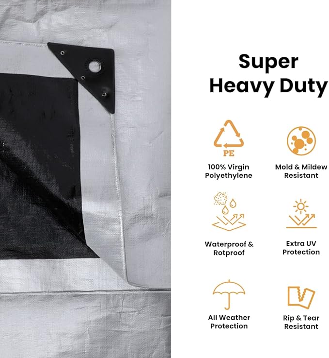 WHITEDUCK 10x20 Tarp 16 MIL Heavy Duty Poly Tarp Waterproof UV Resistant, True to Size, Rust-Proof Grommets, Tear & Rip Resistant, Extra Thick, Camping, Construction, Boat & Equipment Cover
