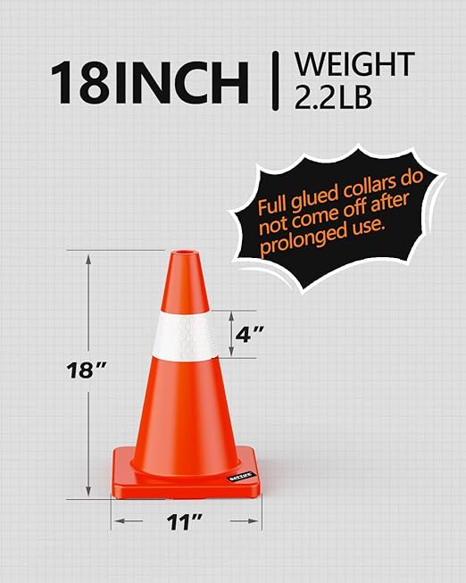 BATTIFE 6 Pack 18 Inch Traffic Safety Cones with Reflective Collars, PVC Orange Construction Cone for Home Road Driveway Parking