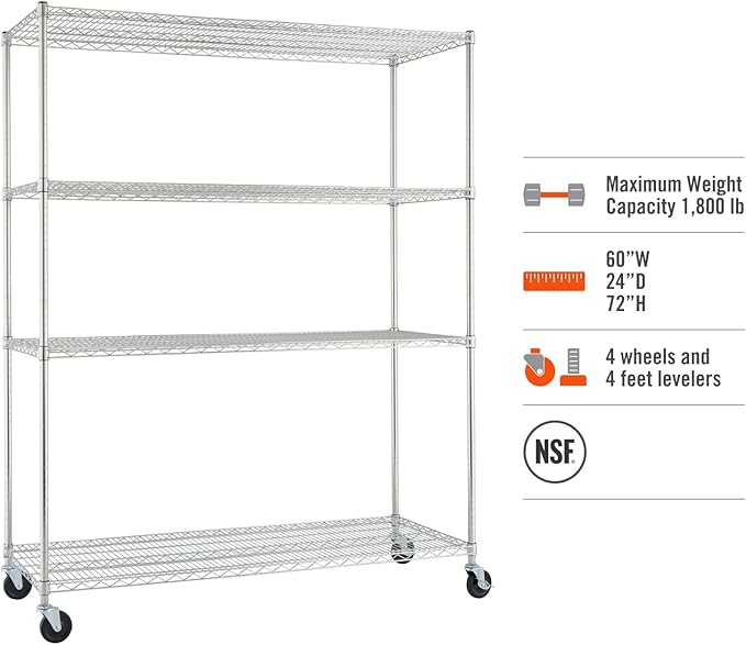 Trinity Basics 4-Tier Adjustable Wire Shelving with Wheels for Kitchen Organization, Garage Storage, Laundry Room, NSF Certified, 600 to 1800 Pound Capacity, 60” by 24” by 72”, EcoStorage Chrome