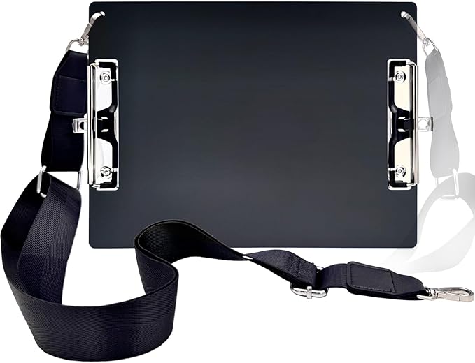 Aluminum Metal Clipboard with Detachable Adjustable Shoulder Strap A4 Double Clip Board Stainless Hangable w/Pen Holder Letter 9" x 12.6" for School Office Business Factory (Black-with Strap, A4)