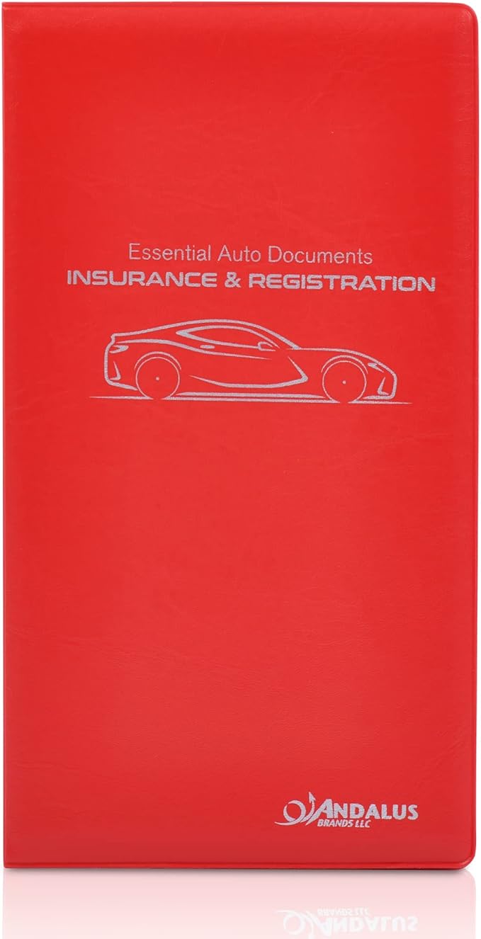Andalus Auto Registration & Insurance Card Holder Pack of 1, Waterproof Essential Car Registration Holder with Hook & Loop Closure, Perfect for Every Vehicles Glove Boxes (Red - 9.5" x 5.15")