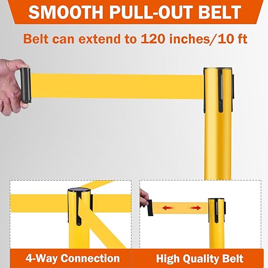 6 Pack Yellow Crowd Control Stanchions with 10FT Belts and Rubber Base, Queue Barrier Posts for Events, Stores, and Public Safety
