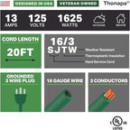 2 Pack of 20 Ft Green Extension Cord with 3 Prong - 16/3 SJTW Weatherproof Water Resistant Outdoor Extension Cord