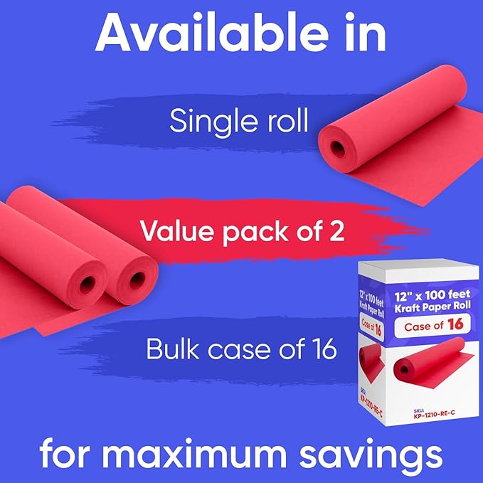 12" x 1200" (100 ft) Red Kraft Paper Roll (Value Pack of 2), 45 lbs Thickness, Made in USA Colored Kraft Paper for School, Bulletin Board - Odorless, Non-Toxic, Safe for Kids