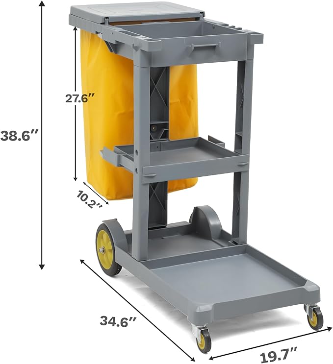 DWVO Janitorial Cart on Wheels, Cleaning Carts, Housekeeping Cart, 3 Shelf Commercial Traditional Plastic Janitor Carts, with 2 Yellow 25 Gallon Vinyl Bag & Rubber Gloves for Restaurant Hotel Home