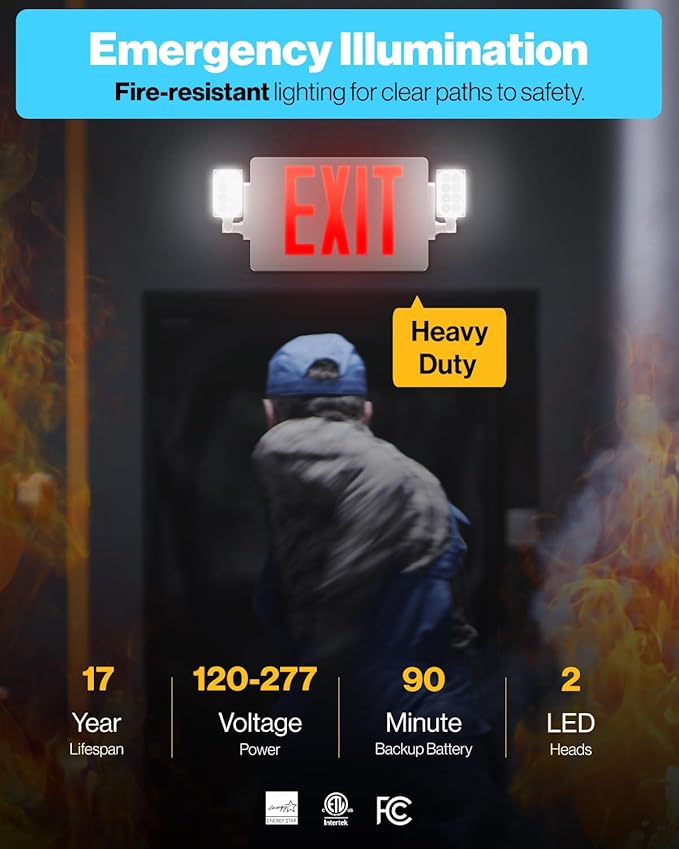 Sunco 12 Pack Exit Signs With Emergency Lights, Two Adjustable LED Lights With Backup Battery, Red, 94V-0 Fire Resistant, 120-277V, Wall Or Ceiling Mount, Commercial Grade UL.