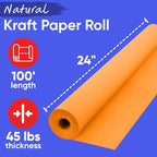 USA Made 24" x 1200" Orange Kraft Paper Roll, 45 lbs Thickness, American Quality Colored Kraft Paper for School, Bulletin Board - Odorless, Non-Toxic, Safe for Kids