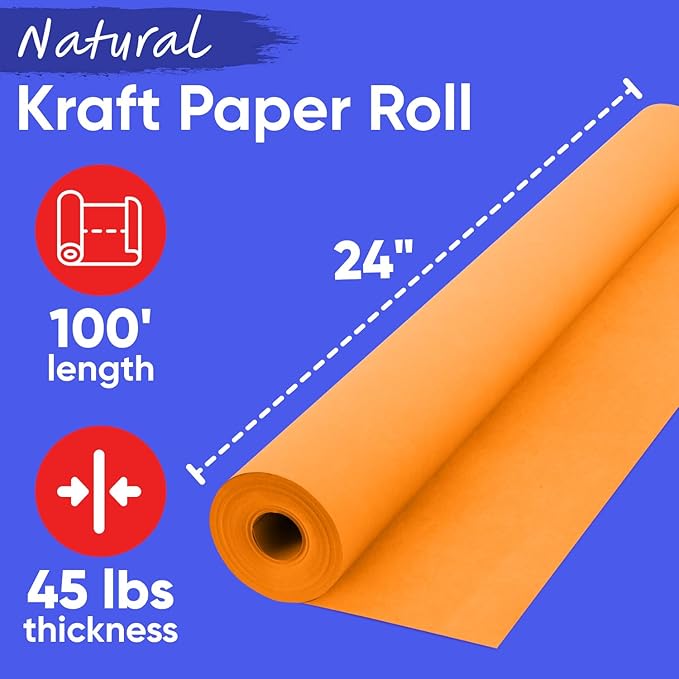 USA Made 24" x 1200" Orange Kraft Paper Roll, 45 lbs Thickness, American Quality Colored Kraft Paper for School, Bulletin Board - Odorless, Non-Toxic, Safe for Kids