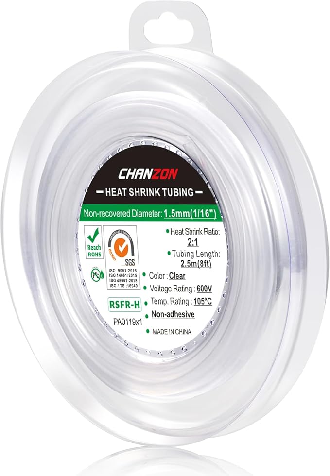 Chanzon 2:1 Ratio 1/16" (1.5mm) Heat Shrink Tubing 8Ft Roll (2.5M Total Length) Clear/Transparent Polyolefin Sleeving Wrap Shrinking 2 to 1 1pcs