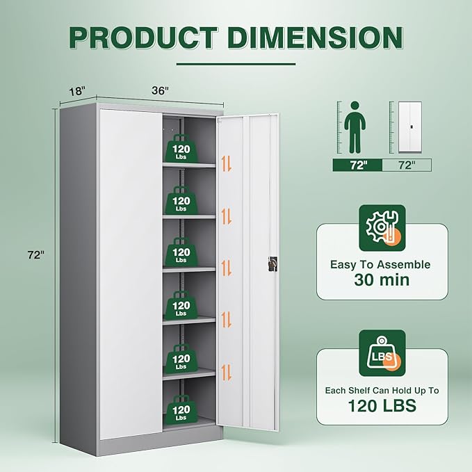 Letaya Metal Garage Storage Cabinets with Lock Door and Adjustable Shelves, Steel Tool Cabinets for Home,Office,Warehouse Organisieren (Gery White, 72" H)