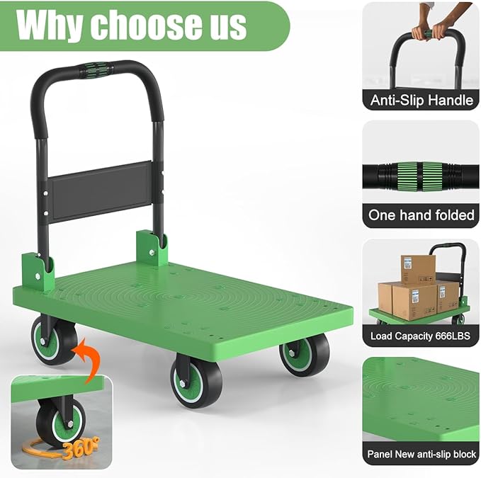 WUD Folding Push Cart Platform Trolley – Thickened Reinforced Steel, 360° Swivel Wheels, 28.7″×19.3″, Load Capacity 661 lb, Green