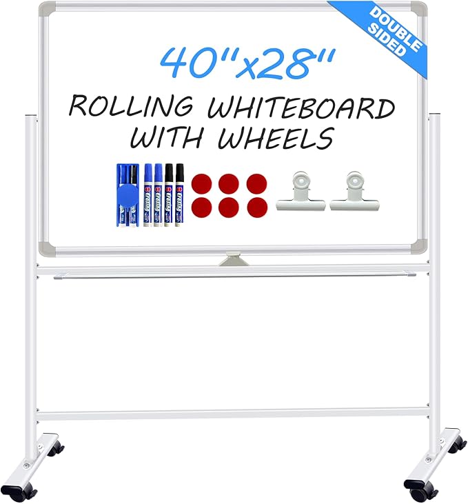 Dry Erase Board with Stand - 40x28 Inches Double-Sided Mobile Standing Whiteboard on Wheels, Rolling White Board for Home Classroom Office School, Magnetic Whiteboard Easel for Meeting, Training