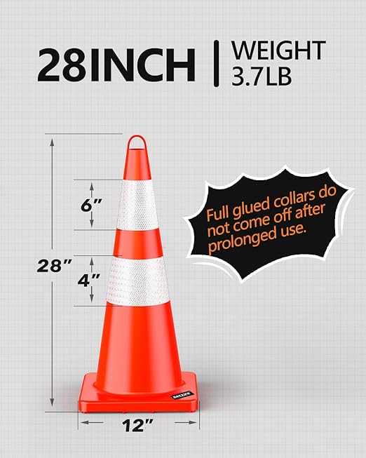 BATTIFE 28 Inches Traffic Safety Cones | 8 Pack | PVC Cone with Reflective Collars, Orange Construction Cone for Traffic Control, Driveway Road Parking Use