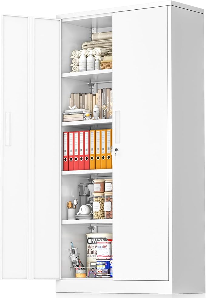 Greenvelly White Metal Storage Cabinet, 72" Steel Locking Cabinet with Doors and 4 Adjustable Shelves, Tall Tool Storage for Home Office, Metal Classroom Cabinet for Garage