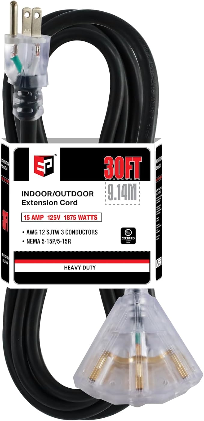 EP 30 Ft 12 Gauge Heavy Duty Extension Cord, 15A 125V 1875W, 3 Outlet Indoor/Outdoor Power Cord with Lighted End, 12/3 SJTW Weatherproof Black, UL Listed
