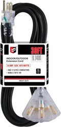 EP 30 Ft 12 Gauge Heavy Duty Extension Cord, 15A 125V 1875W, 3 Outlet Indoor/Outdoor Power Cord with Lighted End, 12/3 SJTW Weatherproof Black, UL Listed