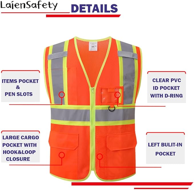 Reflective Safety Vest for Men Women with Multiple Pockets Class 2 High Visibility Mesh Vest Hi Vis Construction Work Vest,Meets ANSI/ISEA Standards(EK1-178-Orange-2XL)
