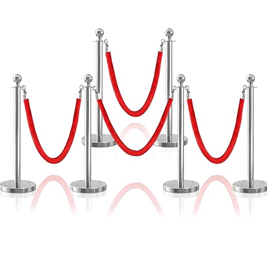 6Pcs Sliver Stanchion Post Queue Velvet Ropes and Posts with Soild Base and 4pcs 5 Ft Red Velvet Ropes Carpet Ropes Posts Stanchion Set Crowd Control Barriers for Party Supplies