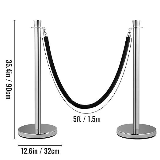 VEVOR Velvet Ropes and Posts 2 Pcs, 5 ft Black Velvet Rope, Stanchion Post, Crowd Control Barriers Silver Stanchions, Red Carpet Poles, Crowd Control Ropes and Poles for Party Supplies