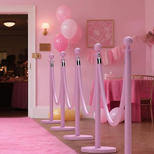 kaiyomi 8Pcs Stanchions with Pink Velvet Ropes Set, 5 Feet Velvet Ropes and Posts Poles for Red Carpet Party Decoration and 360° Photo Booth (Pink)