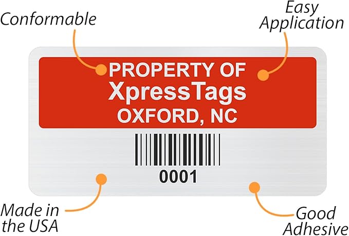 XpressTags 1" x 2" Custom Asset Labels with Barcode & Serial Number, Fixed Inventory Asset Tags, Brushed Metalized Silver Polyester Stickers - Pack Sizes 100 to 5000, Made in USA
