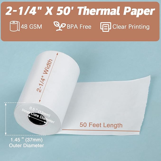 (10 Rolls) 2 1/4 x 50 Thermal Receipt Paper Rolls, POS Cash Register Paper Rolls, BPA Free 2.25x50ft Long Per Thermal Paper Receipt