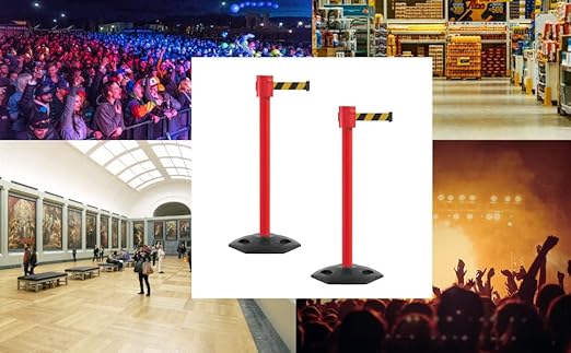 Montour Line MSR760 Set of 2 Retractable Belt Barrier Stanchion, Rubber Base, Red Post (35 ft Yellow with"ESD Protected Area" Black Letter ESD Logo Belt)