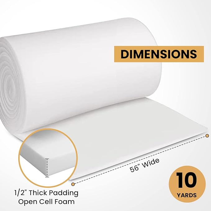 AK TRADING CO. 1/2” Thick Open Cell Upholstery Foam Padding – 56” Wide – by The Yard – Soft, High-Quality Upholstery, Crafts & DIY Projects Foam