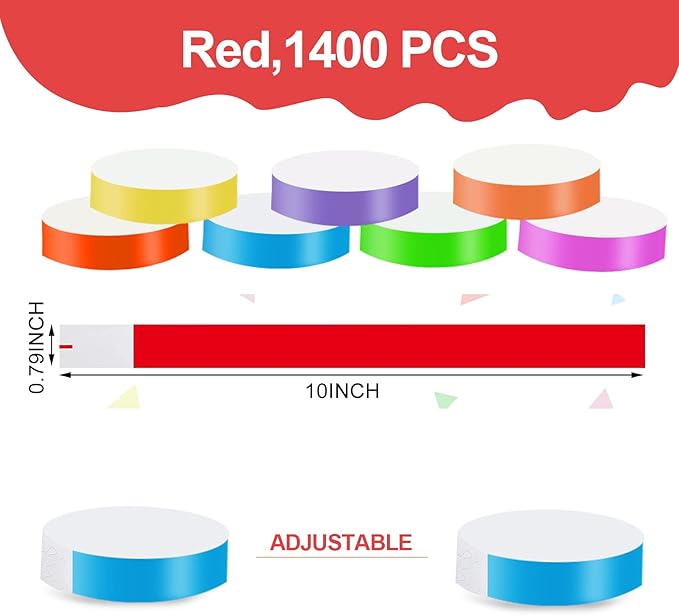 REHALY 1400 Pack Neon Wristbands for Events - Waterproof Paper Bracelets, Adhesive Armbands for Concerts (Red)