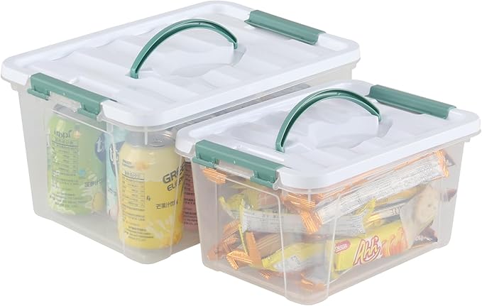 2-Pack Plastic Lidded Storage Box with Handle, Organizing Container with Lid and Latching Buckles (7 Quart/14 Quart)
