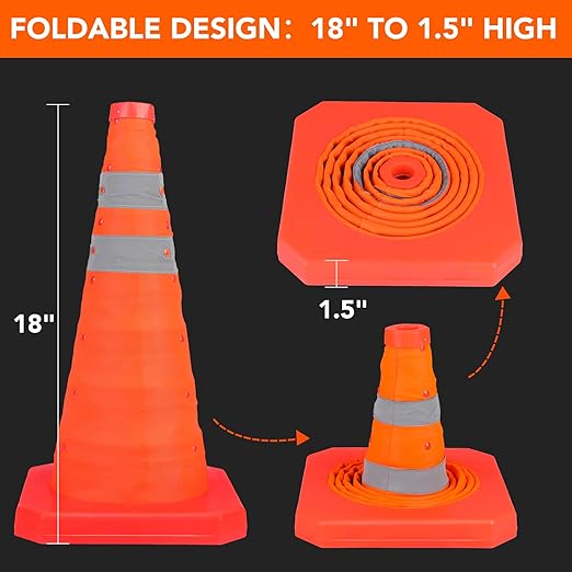[5 Pack]18 Inch Collapsible Traffic Safety Cones - Parking Cones with Reflective Collars, Orange Safety Cones for Parking lot, Driveway, Driving Training etc