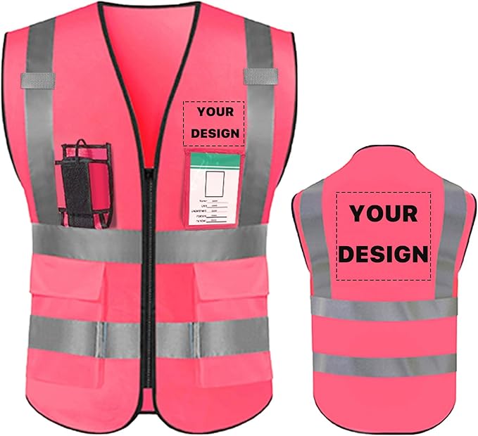 YOWESHOP High Reflective Visibility Safety Vest with Pockets and Zipper Custom Your Logo Safety Workwear
