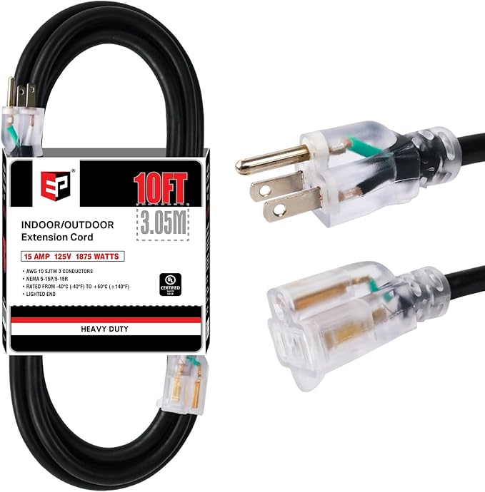 EP 10 Ft Lighted Outdoor Extension Cord - 10/3 SJTW Heavy Duty Black Extension Cable with 3 Prong Grounded Plug for Safety, UL Listed
