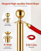 VEVOR Stanchions and Velvet Ropes 8Pcs, Hollow Base with Stainless Steel Post, 6 Red Velvet Ropes and Posts, Crowd Control Barriers Gold Stanchions, Red Carpet Runner Poles for Party Supplies