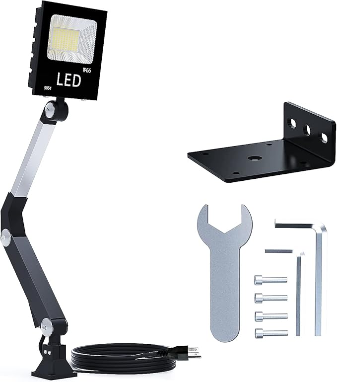 3000 Lumens LED Machine Light with 1M Cable, Adjustable Gooseneck Arm & Screw Base for Drill Press, Lathe, Workbench, Garage
