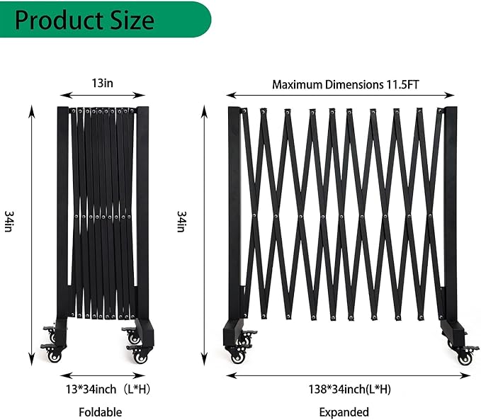 11.5FT Expandable Barricade Gate, Expandable Metal Barricade Gate Alloy Fence with Wheels, Retractable Crowd Control, for Industrial or Residential Use (Black, 11.5FT)