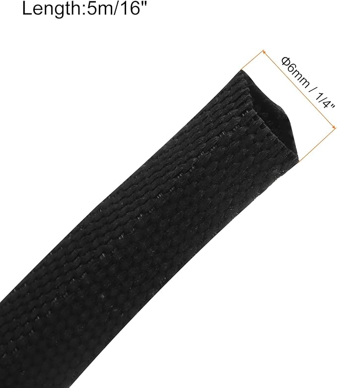 MECCANIXITY Braided Cable Sleeves Heat Shrinkable Fabric Sleeving, 1/4" 16ft Black 2:1 Ratio Heat Shrinkable Cord Protector for Harness Cable, Network Cable Protection, Cable Management