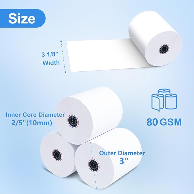 3 1/8 Thermal Paper Receipt Rolls (50 Pack) 55 GSM Premium Quality, BPA Free Receipt Paper Compatible with Most POS Systems, Cash Registers, Thermal Receipt Rolls