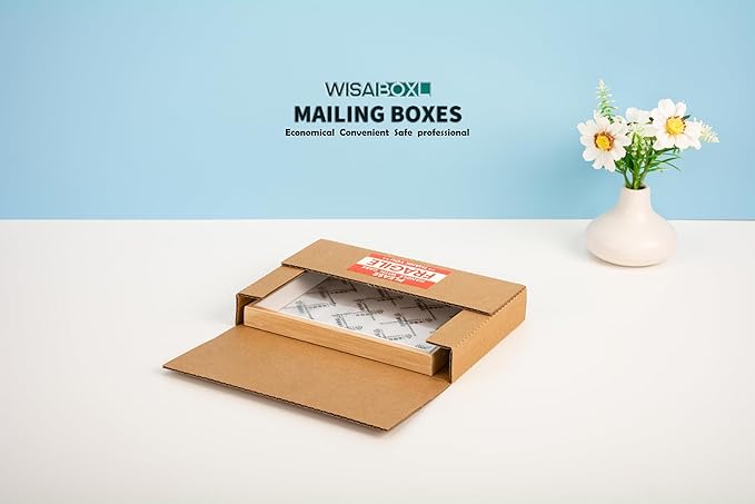 50 Pack 9x6x1.3 inch Shipping Boxes, Easy-Fold Multi-Depth DVD Mailer Box with Fragile Stickers for Mailing, Storing, Package, Gifts, Crafts, Business or Home, Brown