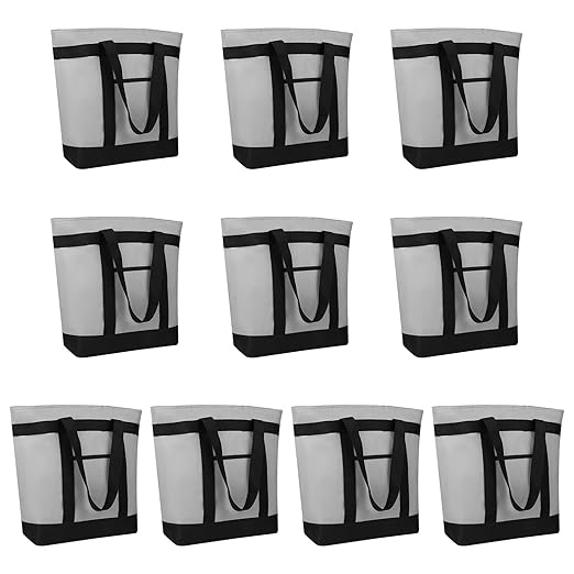 Insulated Cooler Bag, 10PK Insulated Tote Bag for Grocery Shopping, Cooler Bags for Travel/Beach/Picnic, Pizza/Food Delivery Bag to Keep Cold/Hot (Oxford Cloth, Non-Waterproof, Grey)