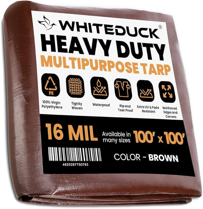 WHITEDUCK Super Heavy Duty Poly Tarp Cover 16 Mil & 10 Mil with Grommets and Reinforced Edges (Brown, White & Silver Black) (Brown- 16 Mil, 100' x 100')