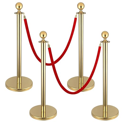 4 PCS Stainless Steel Stanchion Post,5Ft Red Velvet Rope, Hollow Base and Velvet Ropes Safety Barriers Set, Poles Crowd Control Barriers for Red Carpet Themed Decoration