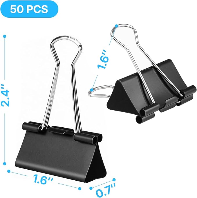 OWLKELA 1.6 Inch (50 Pack) Large Binder Clips, Black Paper Clamps for Office, School, and Home Supplies