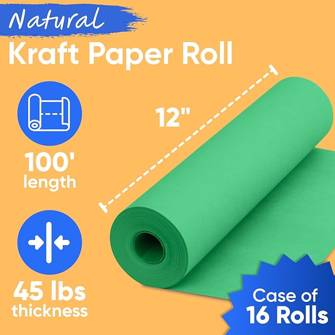 12" x 1200" (100 ft) Green Kraft Paper (Case of 16 Rolls), 45 lbs Thickness, Made in USA Kraft Paper for School, Art Colored Paper, Gift Wrapping Paper, Packing Paper for Moving