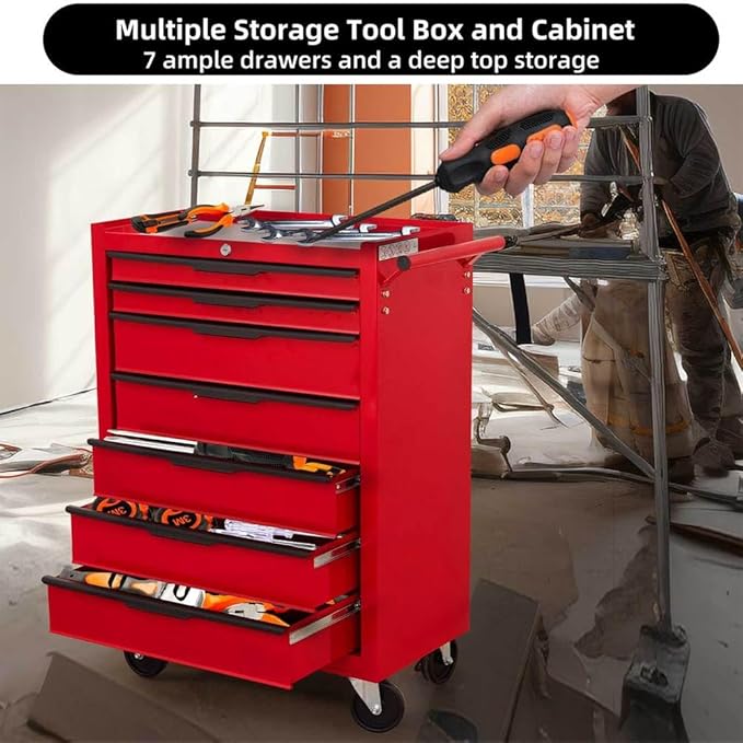 7-Drawer Rolling Tool Chest Cabinet, Heavy-Duty Metal Tool Box with Wheels, Lockable Storage Organizer, Mobile Tool Cart for Garage, Workshop, Warehouse – Red