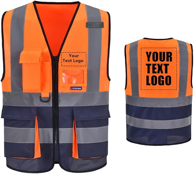 A-SAFETY High Visibility Safety Vest with 4 Reflective Strips 7 Pockets,Orange&Navy X-Small